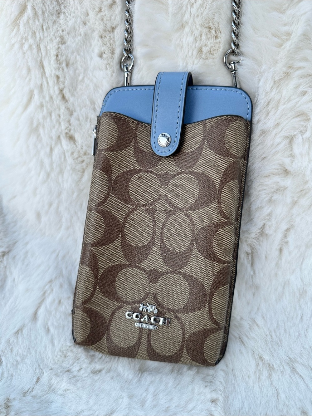 Coach Signature Canvas Phone Crossbody in Brown with Light Blue Trim
